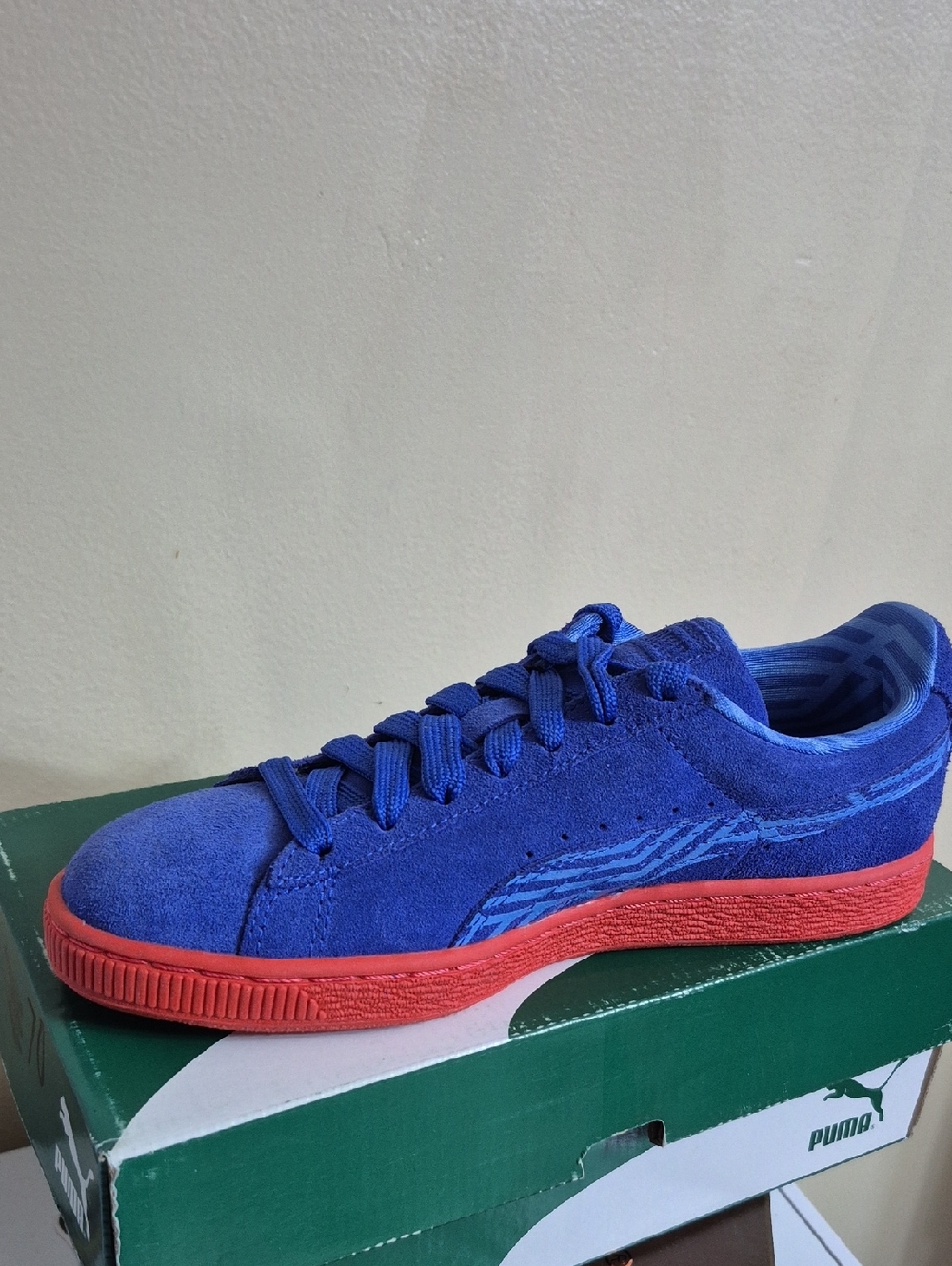 Puma Blue Suede Low-Top Sneakers with Red Sole